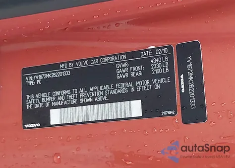 2011 Volvo C30 T5/T5 R-Design z USA, uszkodzony, nr VIN YV1672MK2B2201333